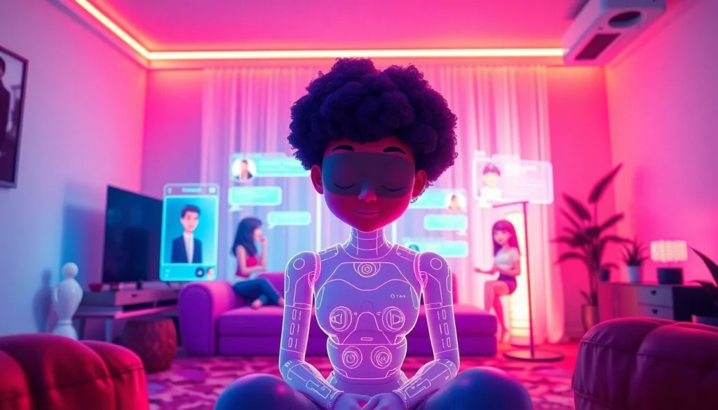 Illustration of an engaging NSFW AI chat environment showcasing vibrant holographic interfaces and intimate virtual characters.