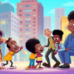 A lively illustration featuring iconic African American Cartoons characters in a vibrant urban setting.