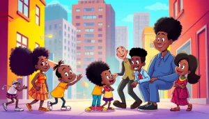 A lively illustration featuring iconic African American Cartoons characters in a vibrant urban setting.