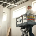 Worker installing drywall, showcasing technique and tools in a modern setting.