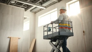 Worker installing drywall, showcasing technique and tools in a modern setting.