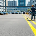 Parking lot striping County Line Road MS depicted with freshly painted lines and a professional crew.