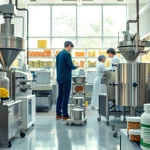Food supplement manufacturers uk in a vibrant lab, showcasing quality production processes with advanced machinery.