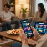 Player enjoying online betting on the 388bet app in a cozy home setting with casual gaming elements.