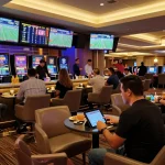 KQBD sports betting scene showing active patrons analyzing live match scores and placing bets in an upscale lounge.