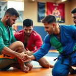 Train with vibrant BJJ Rash Guard Sets showcasing professional athletes in action on the mats.