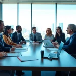 Professionals collaborating on contracts and grants in a bright office environment.