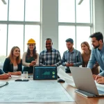 A diverse group of professionals in a construction member organization discussing blueprints in a bright conference room.