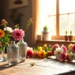 Beautifully arranged bud vases displaying colorful flowers against a rustic wooden backdrop.