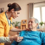 Providing care at home, a caregiver supports an elderly person in a cozy living room.