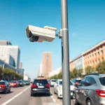 Capture of automatic license plate recognition technology in action on busy urban street.