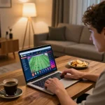 Cakhia tv sports betting scene showing a user engaged with live match stats and cozy atmosphere