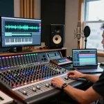 Music producer working with the SC88 sound module in a modern recording studio.