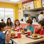 Family enjoying fast food meals with vibrant atmosphere highlighting fast food prices.