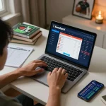 Betting on Keonhacai using a laptop, showcasing strategic gambling in a lively home office.