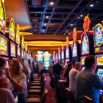 Bermain di mesin slot kasino di bbni4d dengan cahaya cerah dan suasana meriah.