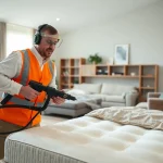 Expert conducts a thorough bed bug treatment in a tidy living room to ensure safety and cleanliness.