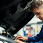 Inspecting engine for extended auto warranty coverage in a professional garage setting