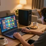Engaging in online gameplay for GTA Togel, showcasing a colorful slot interface and cozy home setup