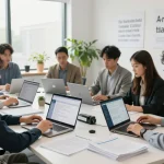 团队在明亮的办公室内协作使用先进的有道翻译工具