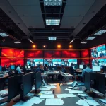 Dynamic newsroom environment highlights journalists collaborating on news stories.