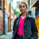 Fashion model presenting trendy urban outfit in a vibrant city background.