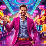 Experience the excitement with Vegas hero in vibrant casino scene filled with colorful gaming elements.