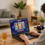 Player engaging with slot88 online gaming on a cozy desk setup, showcasing excitement and strategic gameplay.