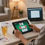 Situs 1k player engaging in live dealer blackjack at home workspace, creating a strategic gaming atmosphere
