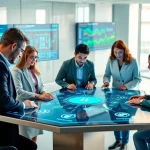 Engaged users discussing features of a secure link sharing platform in a modern office setting.