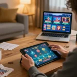 Engaging in online gaming experience with TV88 on a tablet, showcasing modern gaming setup and cozy atmosphere