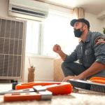 Expert technician performing HVAC Repair Tampa in a cozy living room with natural light.