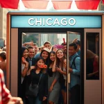 Excited friends utilizing a photo booth chicago at a vibrant urban event.