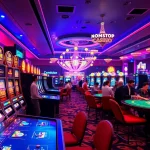 Engaging scene of a vibrant non gamstop Casino Uk atmosphere with players at slot machines.