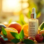 Reveal the vibrant Glow Blend in a luxurious skincare setting with lush botanical elements.