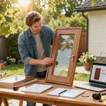 Hausbesitzer wählt eine nebeneingangstür aus Materialien in einem sonnigen Garten.