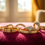 Showcase of elegant wedding bands with intricate designs and sparkling gems.