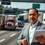 Clearwater truck accident attorney analyzing case files with a highway backdrop for urgency.