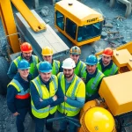 Showcasing construction workforce development through teamwork among diverse workers on a dynamic building site.