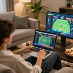 king33 player engaging in mobile sports betting on a cozy couch with modern setup
