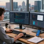Developer's innovative workspace with clawdbot setup, featuring multiple monitors and coding tools.