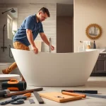 Skilled bathroom installer meticulously working on a modern bathroom renovation.