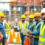 Engaging construction site safety training session with participants demonstrating safety protocols.