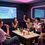 부평쓰리노 노래방에서 손님들이 개인 노래를 즐기고 있는 활기찬 분위기에서의 다이나믹한 장면.