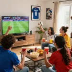Fans joyfully watching Cakhia tv football match live, showcasing excitement and camaraderie in a vibrant setting.