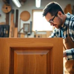 Professional cabinet maker crafting intricate woodwork in a well-lit workshop.