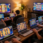 Experience thrilling gameplay with thailand slot games in a cozy online casino setting, excited players at home.