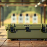 Examine a Pelican rifle case on a shooting range table, showcasing its durability and secure design.