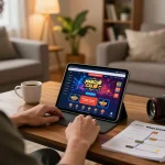 Player enjoying online gaming at Manclub on tablet in cozy room setting.