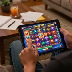 Playing the alexis77 slot on a tablet in a cozy home environment.
